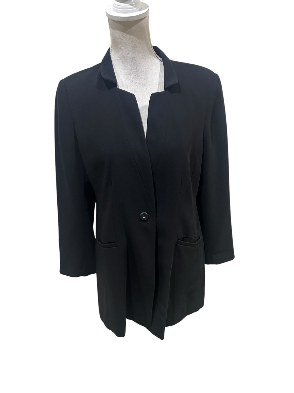 Eileen Fisher Black Single-Button Notch Collar longline blazer silk lining 10